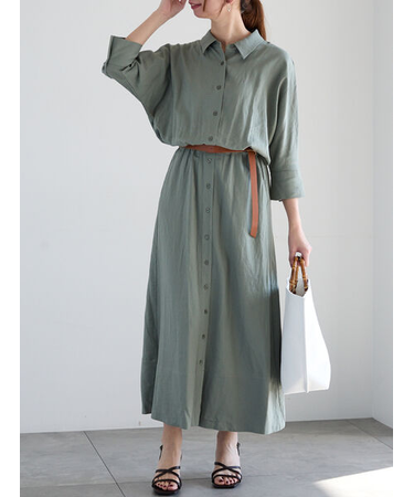 ベルト付きレーヨンリネンシャツワンピース