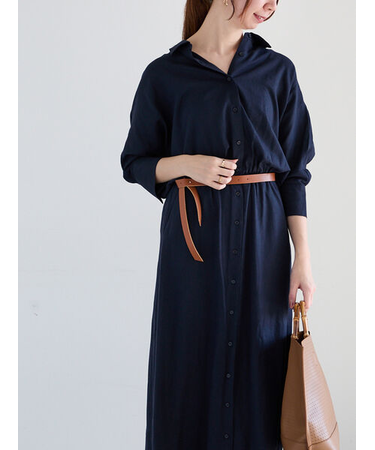 ベルト付きレーヨンリネンシャツワンピース