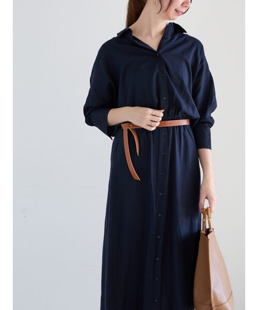 ベルト付きレーヨンリネンシャツワンピース