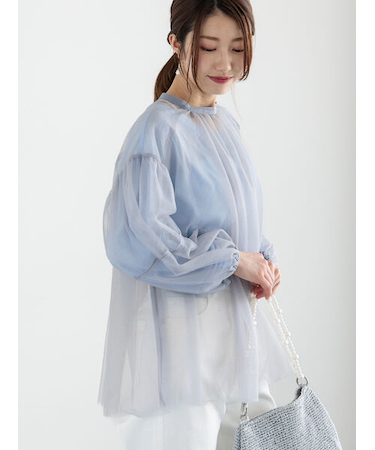 バルーンスリーブチュールブラウス