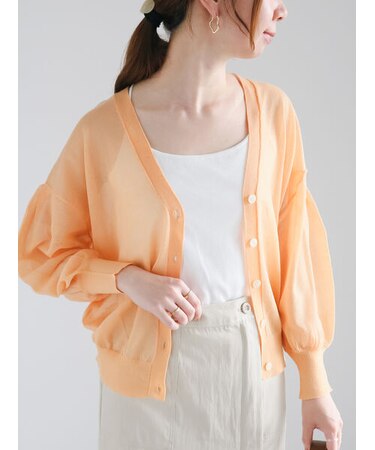 袖ボリュームシアーVネックカーディガン