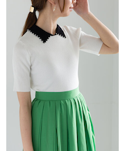 パールトリミングカラー5分袖ニット