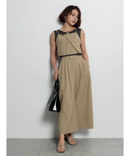 金釦麻調タックガウチョパンツ（セットアップ可）