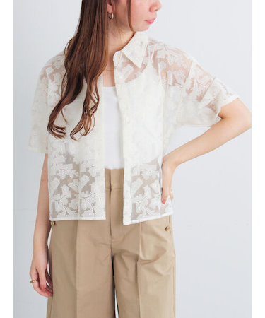 オーガンジー刺繍ハーフスリーブシャツ