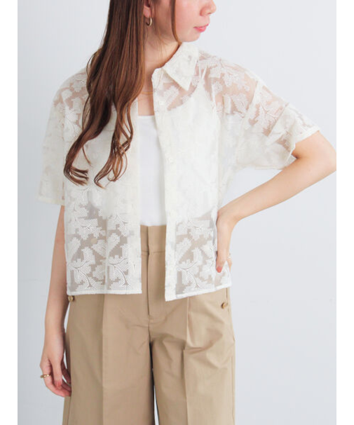 オーガンジー刺繍ハーフスリーブシャツ
