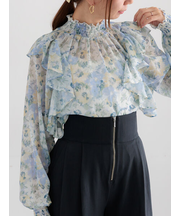フラワーパターンシアーフリルブラウス