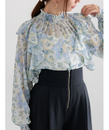 フラワーパターンシアーフリルブラウス