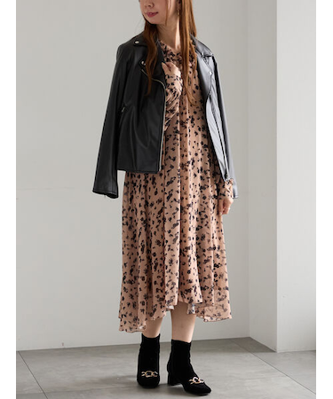 フラワーシフォンフリルネックドレス