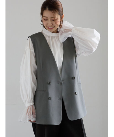 ノーカラーダブルブレストジレ