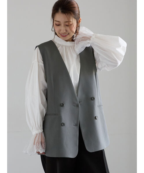 ノーカラーダブルブレストジレ