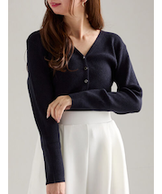 ウェーブメタル釦Vネックリブカーディガン