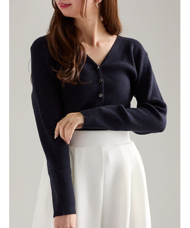 ウェーブメタル釦Vネックリブカーディガン