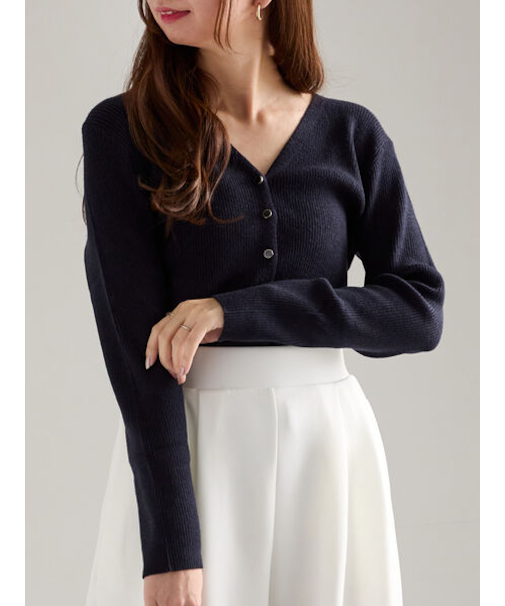 ウェーブメタル釦Vネックリブカーディガン