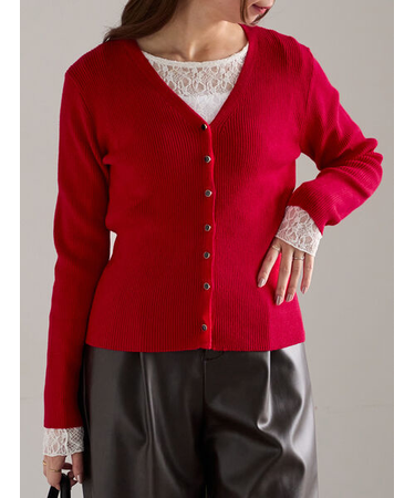 ウェーブメタル釦Vネックリブカーディガン