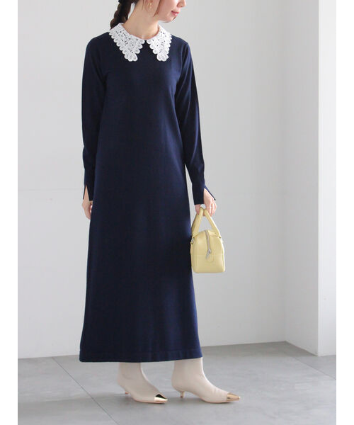 ERMANNO SCERVINO アンゴラ混 ニット レースワンピース ネイビー レース衿ニットワンピース｜テチチの通販｜&mall（アンドモール）三井