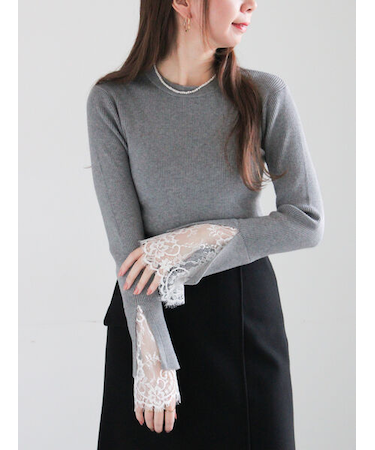 レースカフスレイヤードニット