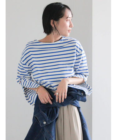 ショルダー釦ボーダーカットソー