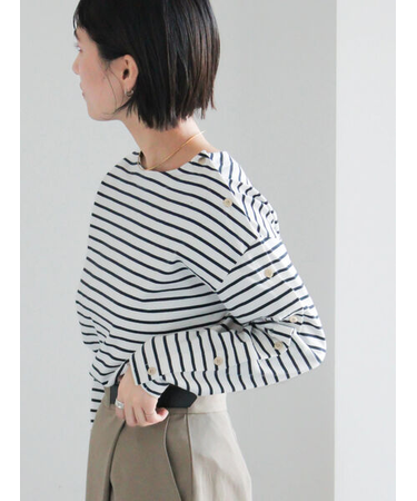 ショルダー釦ボーダーカットソー