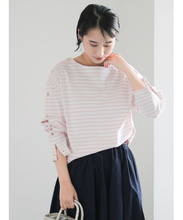 ショルダー釦ボーダーカットソー