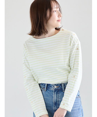 ショルダー釦ボーダーカットソー
