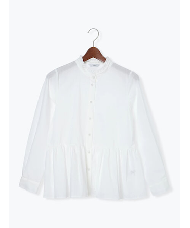 パール釦スタンドフリルペプラムブラウス