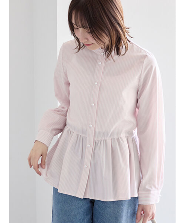 パール釦スタンドフリルペプラムブラウス