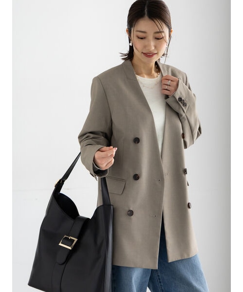 ブラック ダブルブレスト ノーカラー ジャケット ノーカラーダブルブレストジャケット｜テチチの通販｜&mall（アンド