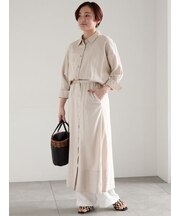 レーヨンリネン共ベルトシャツワンピース
