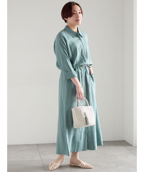 レーヨンリネン共ベルトシャツワンピース