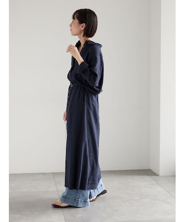 レーヨンリネン共ベルトシャツワンピース