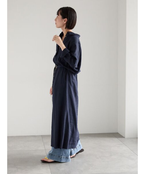 レーヨンリネン共ベルトシャツワンピース