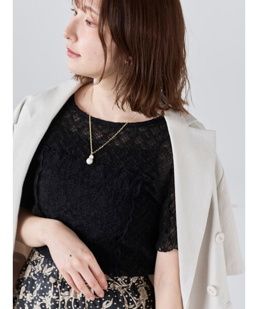 パッチワークレース5分袖トップス