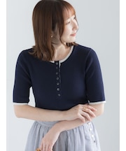 【UVカット】ヘンリーネック5分袖配色リブニット