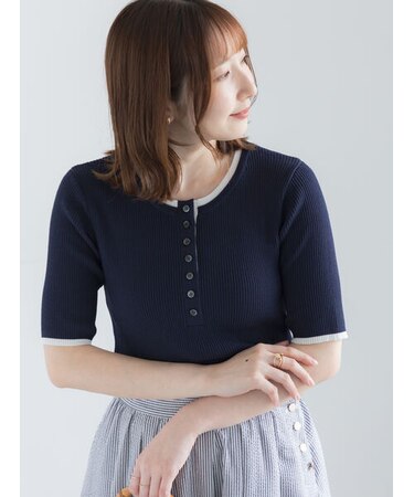 【UVカット】ヘンリーネック5分袖配色リブニット