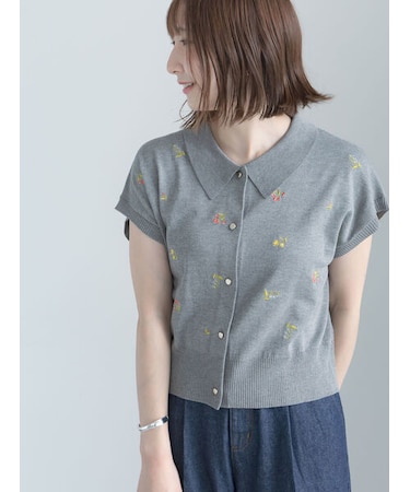 フラワー刺繍ポロカラーニット