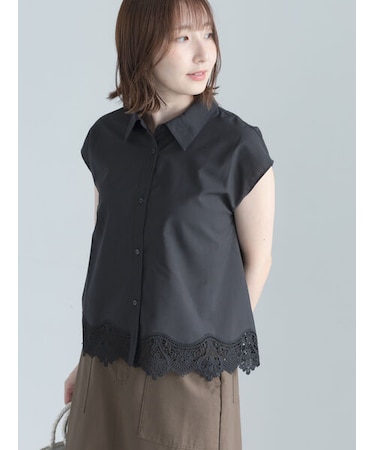 【接触冷感】スカラップレース刺繍フレンチシャツ