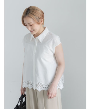 【接触冷感】スカラップレース刺繍フレンチシャツ