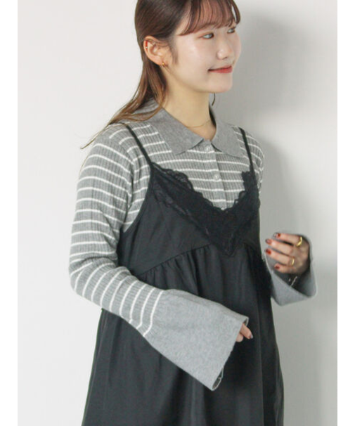 ボーダー襟付リブカーディガン