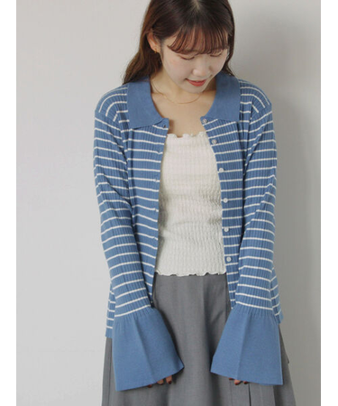 ボーダー襟付リブカーディガン