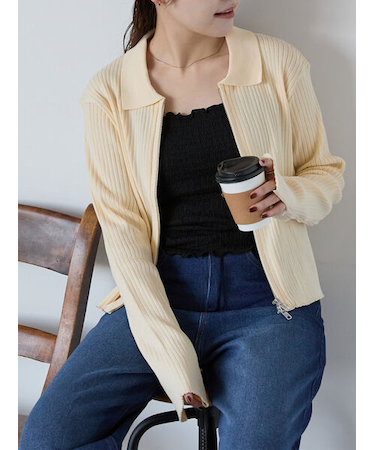 襟付ジップカーディガン