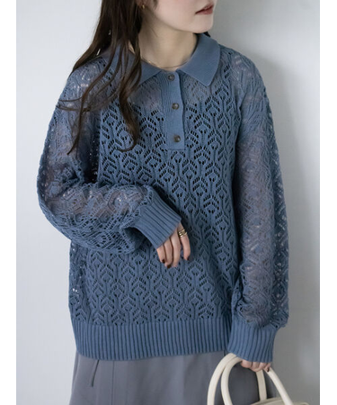 透かし編みニットポロシャツ