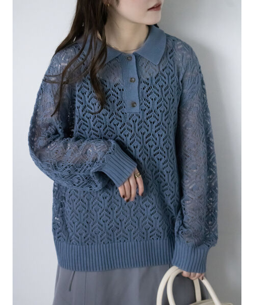 透かし編みニットポロシャツ