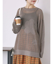 袖ドロスト花柄メッシュニット