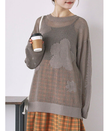 袖ドロスト花柄メッシュニット