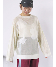袖ドロスト花柄メッシュニット