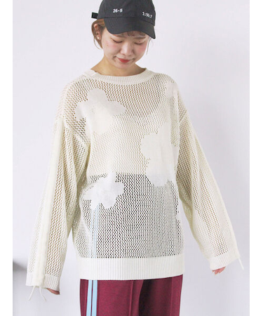 袖ドロスト花柄メッシュニット