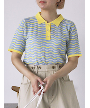 配色透かし編みポロシャツ