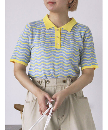 配色透かし編みポロシャツ