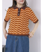 配色透かし編みポロシャツ