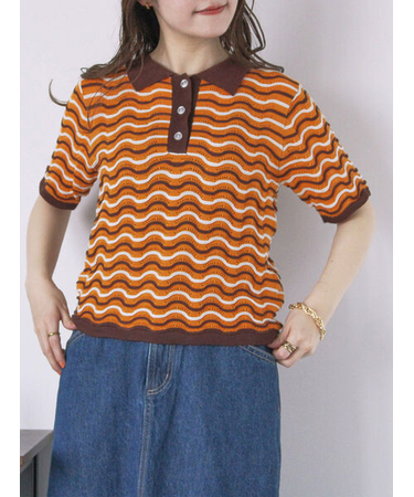 配色透かし編みポロシャツ